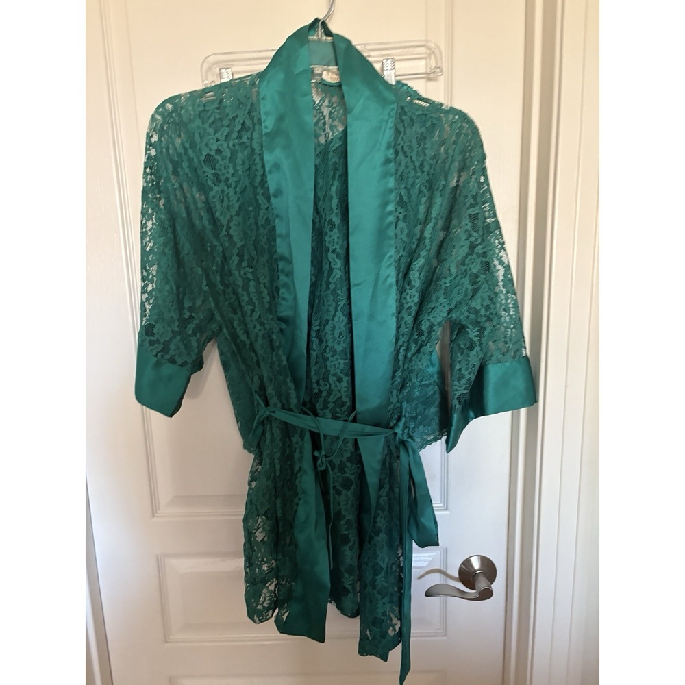 Vtg 1990 Victoria's Secret Satin Robe Lace Trim Short Robe O/S + 2 pc top shorts